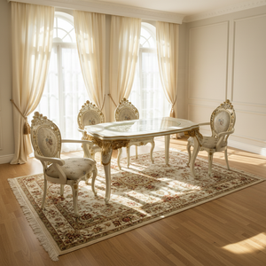 ชุดโต๊ะอาหารไม้แกะสลักสไตล์ยุโรป รูปทรงสี่เหลี่ยมผืนผ้า พร้อมเก้าอี้ 7 ชิ้น เฟอร์นิเจอร์บ้าน ลายทอง สำหรับอพาร์ทเมนต์ขนาดเล็ก - Product Image 1