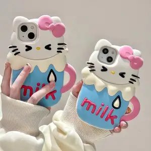 3D סנריו קיטי כוס חלב חמוד קאוואי סיליקון רך מעטפת קריקטורה כיסויי טלפון לאייפון 14 13 12 11 Pro Max כיסוי אחורי