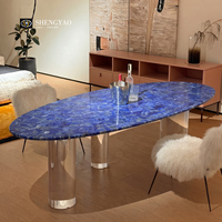 Table à manger unique en pierre turquoise bleue, forme de goutte d'eau moderne, meuble en pierre semi-précieuse