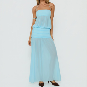 Elegant Chiffon Maxi Dress Tiered Ruched Flowy <b>Long</b> Dress for Women Summer Vacation Wear - Product Image 1