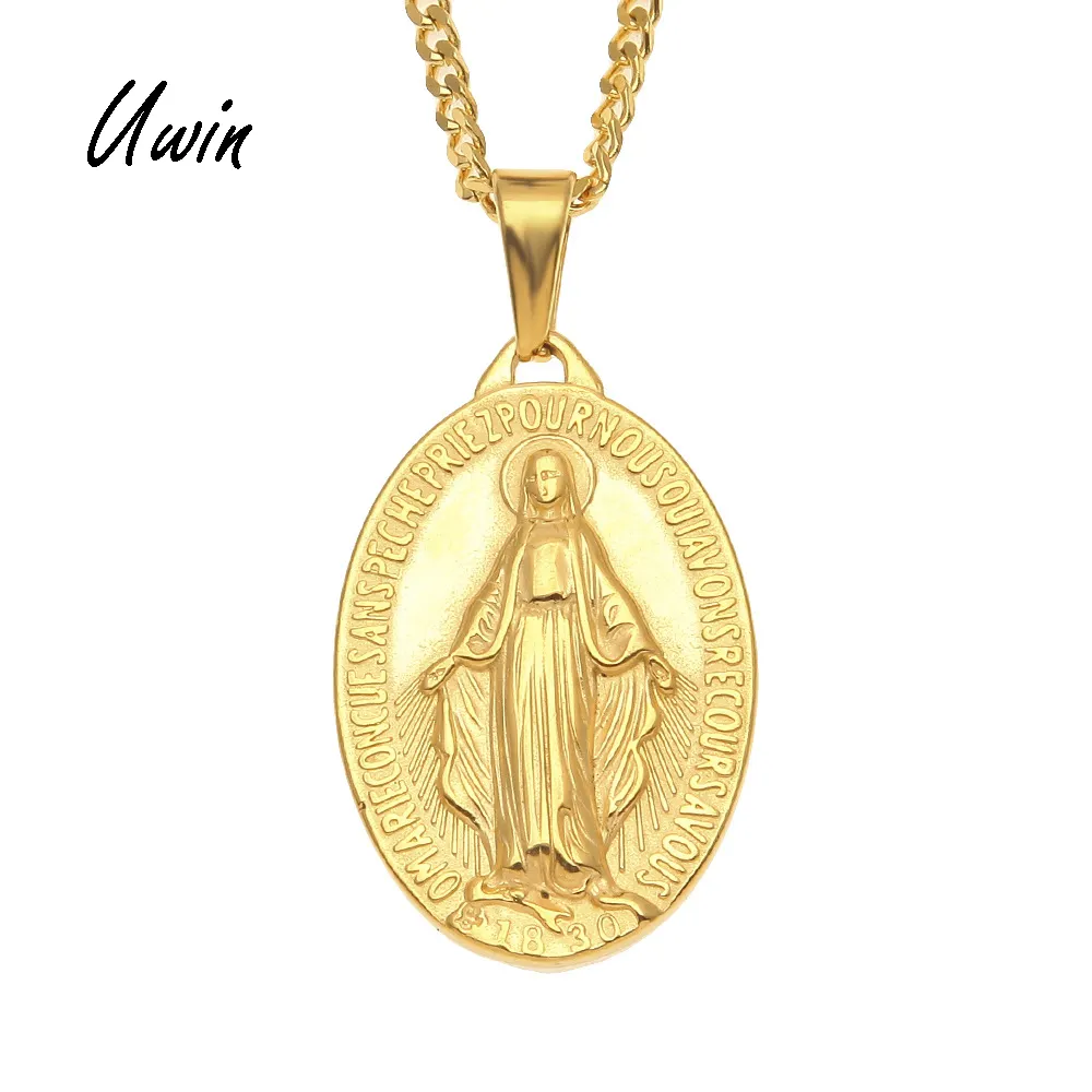 Colgante de acero inoxidable de la Virgen María, Medalla Milagrosa, colgante chapado en oro de Madonna