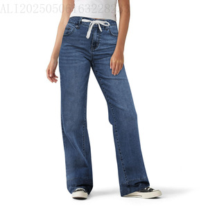 Jean large à taille haute et coupe droite pour femme, extensible, avec cordon de serrage, style décontracté et tendance - Product Image 1