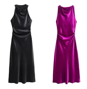 8372090 Trendy 2024 Summer Fashion Round Neck Sleeveless Black Purple Silk Texture Sleeveless Tank Top Maxi Dress