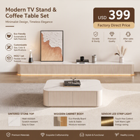 Ensemble meuble TV et table basse de salon moderne et minimaliste avec plateau en pierre frittée, meuble en bois, bande LED à capteur, fixation au sol