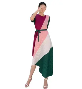 Miyake 2024 New Spring Summer Pleated Printing Dress With Belt Hemline Irregular Elastic Force Temperament Simple Fashion Loose