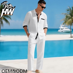 Completo da Uomo in Lino Personalizzabile, Stile Streetwear Sportivo, Camicia e Pantaloni, Logo Personalizzato, Lusso Urbano, Tessuto Pesante 300g - Product Image 2
