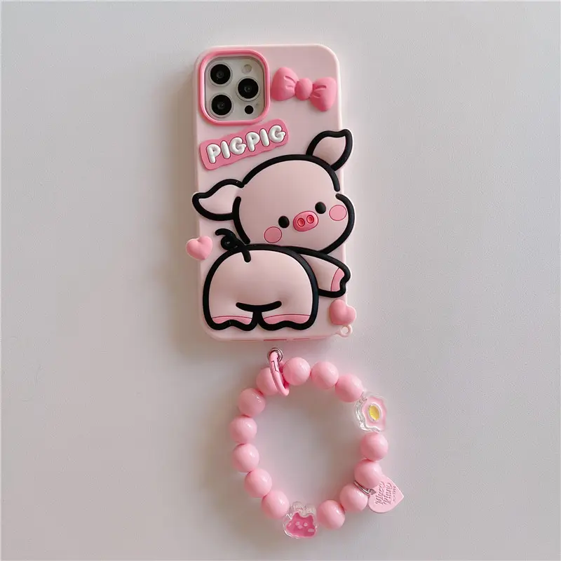 cute 3D pink big ears pig silicone case with heart bracelet for iphone 14 Pro Max 11 12 13 Pro Max 8 Plus soft cell phone cover