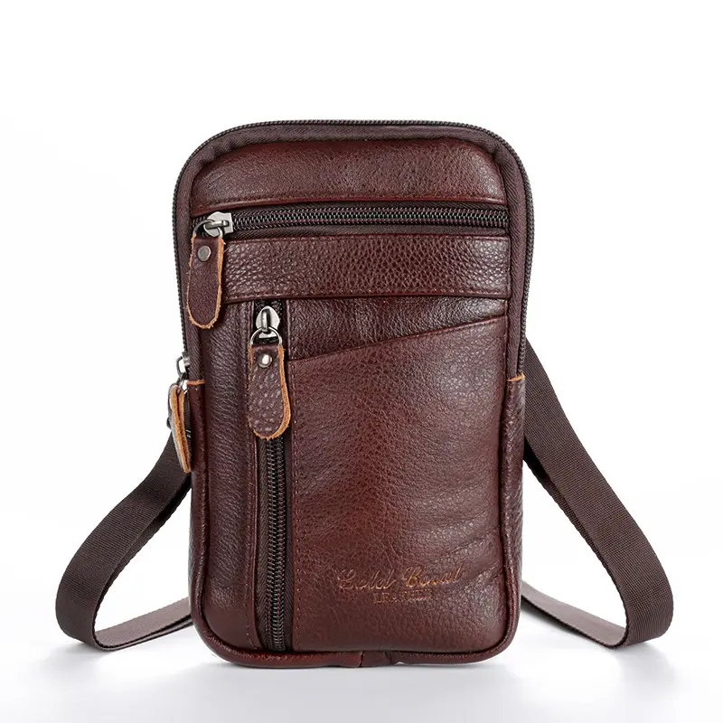 Wholesale custom cell phone holster belt bag for men leather genuine cellphone crossbody bag men Wait belt bag
