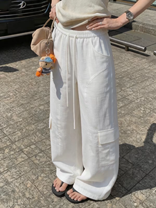 Pantaloni <span class=keywords><strong>Cargo</strong></span> a Gamba Larga in Puro <span class=keywords><strong>Lino</strong></span> 170GSM per Donna, Vita Elastica con Coulisse, Multi Tasche, Casual e Comodi, OEM ODM Personalizzabili - Product Image 1