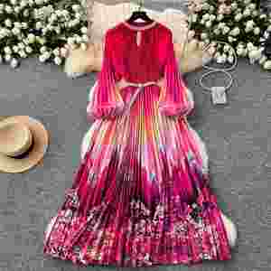 Vestido Maxi Plisado con Cuello Redondo para Mujer, Ecológico, Transpirable, Tejido, Drapeado, con Manga Linterna, Estampado, con Cuentas, Casual, Lavable - Product Image 1