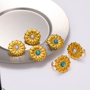 Flower <b>Stud</b> <b>Earrings</b> And Rings Set Stainless Steel Gold Plated <b>Turquoise</b> Pearl Inlay Jewelry For Gift - Product Image 3