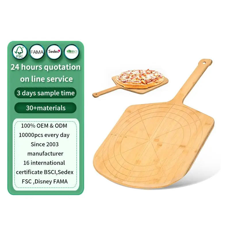 Tábua de corte multiuso para pizza de bambu, espátula de casca para pizza, placa de madeira com tamanhos gravados, 16 polegadas