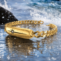 Bracelet Chaîne Cubaine en Acier Inoxydable pour Hommes 21cm, Bracelets à Maillons Tendance avec Barre d'Identification Étoile Plaqué Or 18K, Vente en Gros