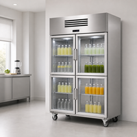 Réfrigérateur commercial vertical 4 portes 1380L avec porte vitrée, refroidissement par ventilateur et contrôle numérique de la température pour présentation en supermarché