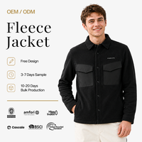 Jaket Shacket Fleece Hitam Pria Kustom, Jaket Kemeja Kasual Hangat Musim Dingin dengan Kancing dan Dua Saku Dada, Layanan OEM ODM