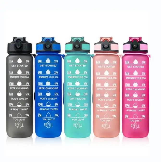 Personalized Workout Sport Custom Logo Insulated Straw Strainer 1000ml 1L Plastic Motivational Water Bottles with Time Marker