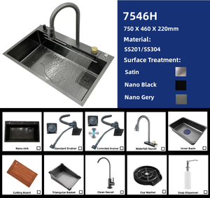 Évier de cuisine en acier inoxydable fait main <span class=keywords><strong>avec</strong></span> robinet <span class=keywords><strong>cascade</strong></span>, tuyau de vidange et revêtement nano brossé, pour évier simple - Product Image 3