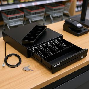 Caja Registradora Vevor de 13 Pulgadas y 12V con 4 Compartimentos para Billetes y 5 para Monedas, Bandeja Extraíble con Llaves y Cable para Supermercado - Product Image 2