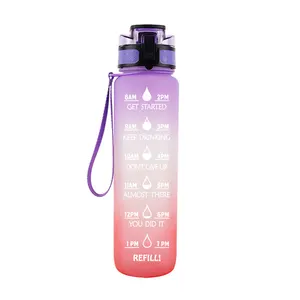 red Camping 32oz Plastic Tritan Flip Top Filter Sport Motivational Water Bottle With Straw Time Marker BPA Free