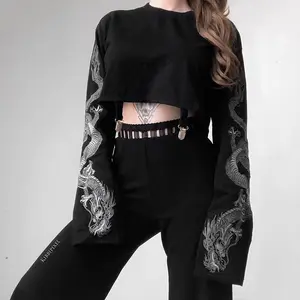 Trajes Sexy para a mulher Preta dragão vento mulher capuz manga longa curto hip-hop solto topo