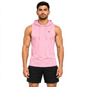 Men's <b>Pink</b> Sleeveless Hooded Tank <b>Top</b> Breathable Polyester Casual Sport <b>Vest</b> Front Logo Print Hooded Tank <b>Top</b> for sale - Product Image 1