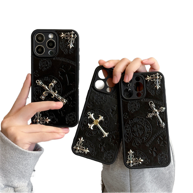 3D Luxury Brand Metal Cross Design Phone Case for iphone 16 Pro Max Street Fashion Style PU Cover for iphone 15 14 13 12 11