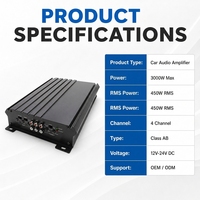 Amplificateur audio de voiture 4 canaux classe AB 3000W Max 450W RMS 12V-24V DC Stéréo pour haut-parleur et subwoofer OEM ODM KW45.1