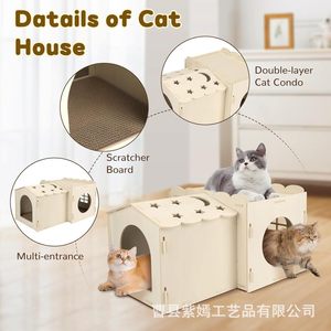 Double Room Cat House Wood Material 2 Levels Easy To Assemble Cat Tree With <b>Scratching</b> <b>Post</b> - Product Image 4