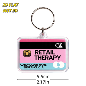 Porte-clés en acrylique style carte de crédit Retail Therapy, design rose et bleu avec puce, logo et texte 'Shopaholic', breloque transparente durable - Product Image 2