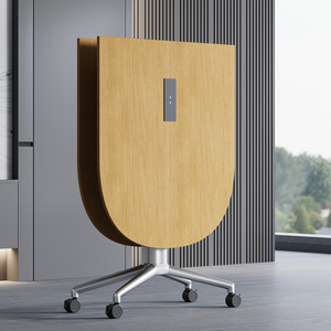 Table de conférence ovale pliable, grain de bois jaune, mobile, extensible, bureau, salle de réunion - Product Image 1