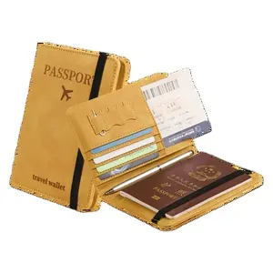 旅行用財布PUレザーパスポートホルダーカードボックス付きチケットスロットRFIDブロッキングパスポートホルダー