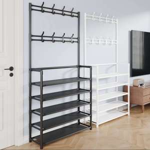 Scaffale Portaoggetti Pieghevole con Appendiabiti per Soggiorno, in Metallo + PP, Design Moderno - Product Image 1