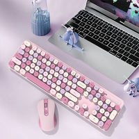 Keyboard dan Mouse Nirkabel Warna-warni Pink Lucu 104 Tombol Ukuran Penuh Model Mesin Ketik dengan Keycap Bulat untuk Komputer Laptop Desktop