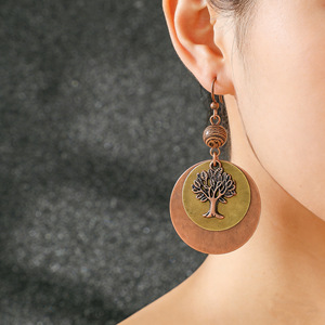 Ensemble collier et boucles d'oreilles Life Tree, en bois et alliage de cuivre, plaqué bronze antique, style bohème, bijoux pour femmes - Product Image 2
