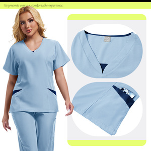Women <b>Scrub</b> <b>Set</b> Short Sleeve Light Blue V Neck Moisture Wicking Hospital Uniforms Split <b>Set</b> For Medical Staff - Product Image 1
