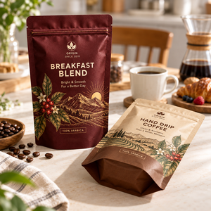 Sacs d'emballage pour café imprimés sur mesure, sachets à fond plat avec fermeture éclair, sacs en plastique pour grains et poudre - Product Image 4
