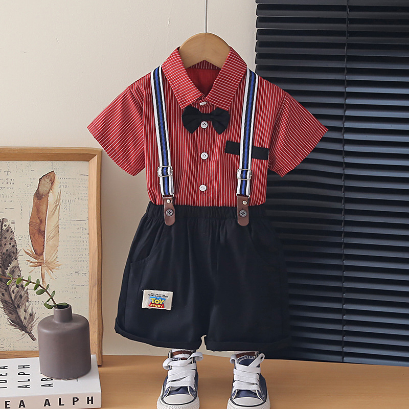 8435 Gentleman Bow Tie Striped Shoulder Strap Short Sleeve Suit Red