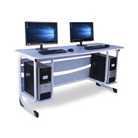Bureau d'ordinateur double en bois pour étudiants, structure robuste, avec support pour processeur et étagères