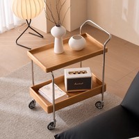 Table d'appoint mobile en acier inoxydable à double niveau et bois massif, style moderne minimaliste, chariot de rangement pour salon, mobilier de style mid-century