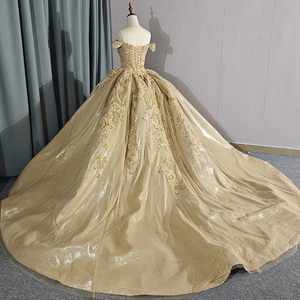 Robe de bal en dentelle dorée scintillante à manches courtes, robe de princesse pour bal de promo 6654 - Product Image 5