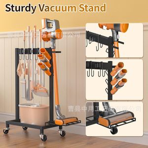 Mobile Wheeled Mop Storage <b>Rack</b> With Hooks And <b>Shelf</b> For Garage Cleaning Tools Powder Coated Finish - Product Image 4