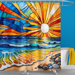 Rideau de douche Woyuo Tropical Ocean Beach Sunset, magnifique scène nautique extérieure avec soleil multicolore, vagues et <span class=keywords><strong>surf</strong></span>, coloré - Product Image 1