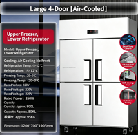 Réfrigérateur vertical commercial 4 portes en acier inoxydable, congélateur de cuisine à refroidissement par air pour hôtel, restaurant, stockage alimentaire