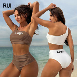 Maillot de bain une épaule RUIQUWIN pour femme, push-up, couleur unie, plissé, taille haute, avec logo frontal, idéal pour les vacances à la plage - Product Image 1