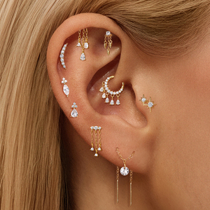 Pendientes de Plata de Ley 925 con Borla Plana y Cadena, Zirconia Cúbica, Diseño Geométrico Clásico, Joyería Colgante para Cartílago - Product Image 1