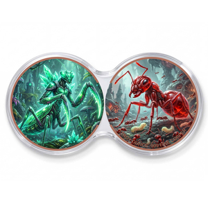 2 piezas de 1 oz, monedas de cobre puro .999, estilo moderno antiguo, con diseño de insectos en batalla: <span class=keywords><strong>Mantis</strong></span> de cristal verde vs. Hormiga de fuego roja, set de lingotes coleccionables - Product Image 1