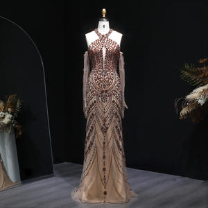 Vestido de Noche de Lujo para Mujer Árabe Sharon Said SS118, Estilo Sirena con Guantes, Pedrería, Halter, para Fiesta - Product Image 2