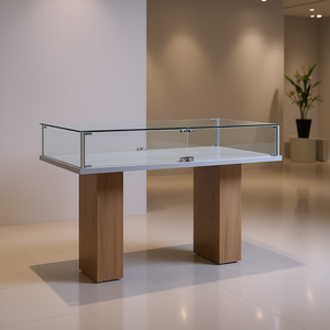 Modern Showcase Tabletop Display 120cm Wide <b>Light</b> Grey With Tempered Glass And <b>Hinged</b> Lockable Doors On Wooden Pedestals - Product Image 3