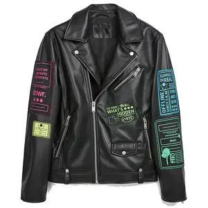 OEM men classical leather motorcycle jacket green print leather long sleeve jackets with leather men jacket