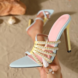 Slim Sexy Color Blocked 2026 Heels Pointed Toe Thin Strap Beaded Peep Toe <b>Sandals</b> - Product Image 1